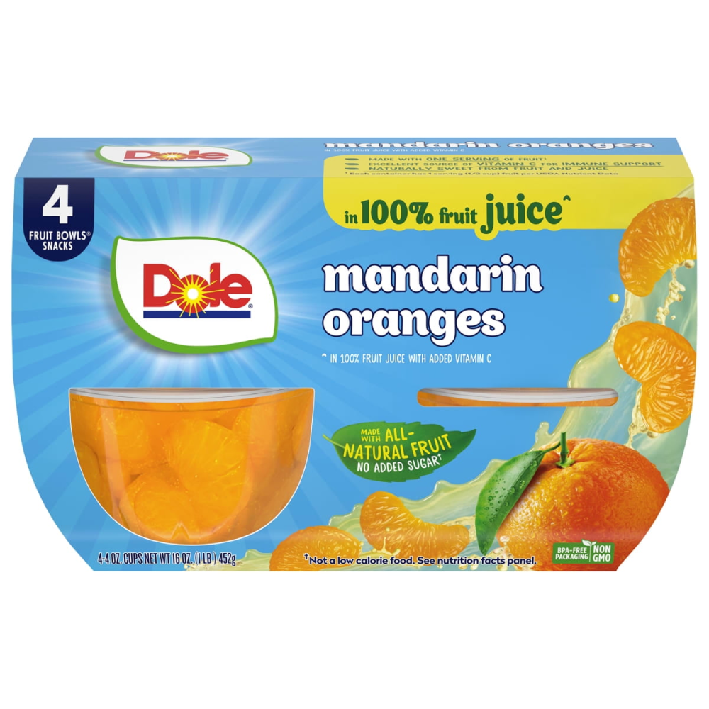 Dole Fruit Bowls Mandarin Oranges in 100% Juice 4oz. EA 4CT 16oz PKG