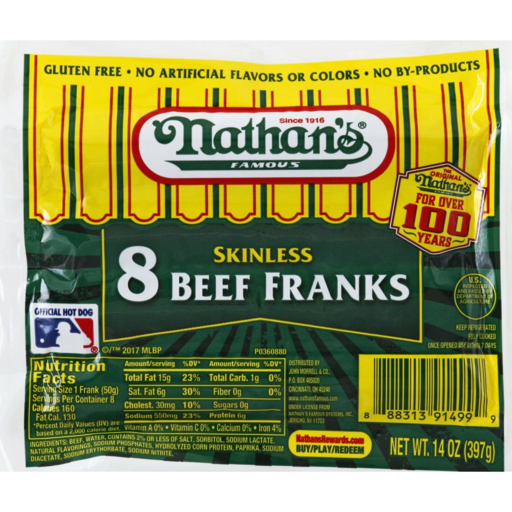 Nathan's Beef Franks Skinless 8CT 12oz PKG