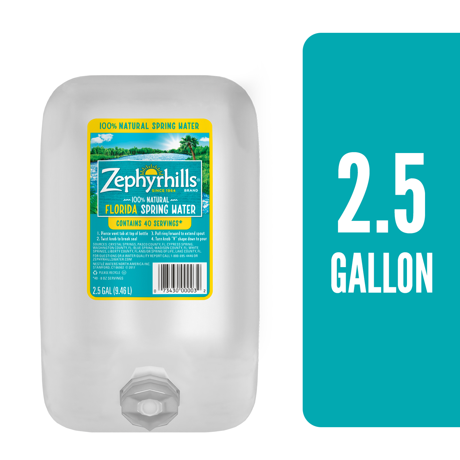 ZEPHYRHILLS Brand 100% Natural Spring Water, 2.5-gallon Plastic Bottle