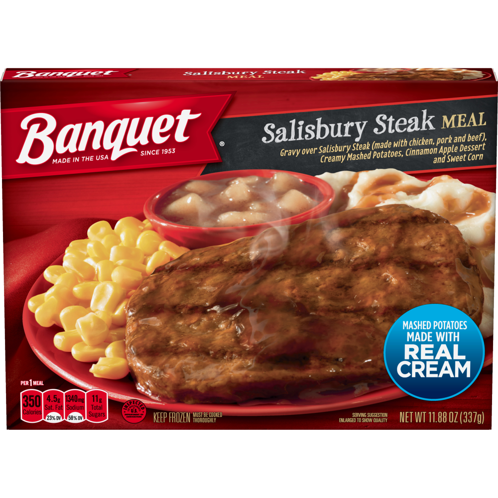 Banquet Salisbury Steak With Creamy Mashed Potatoes Gravy, Sweet Corn And Cinnamon Apple Dessert Frozen Meal, 11.88 OZ