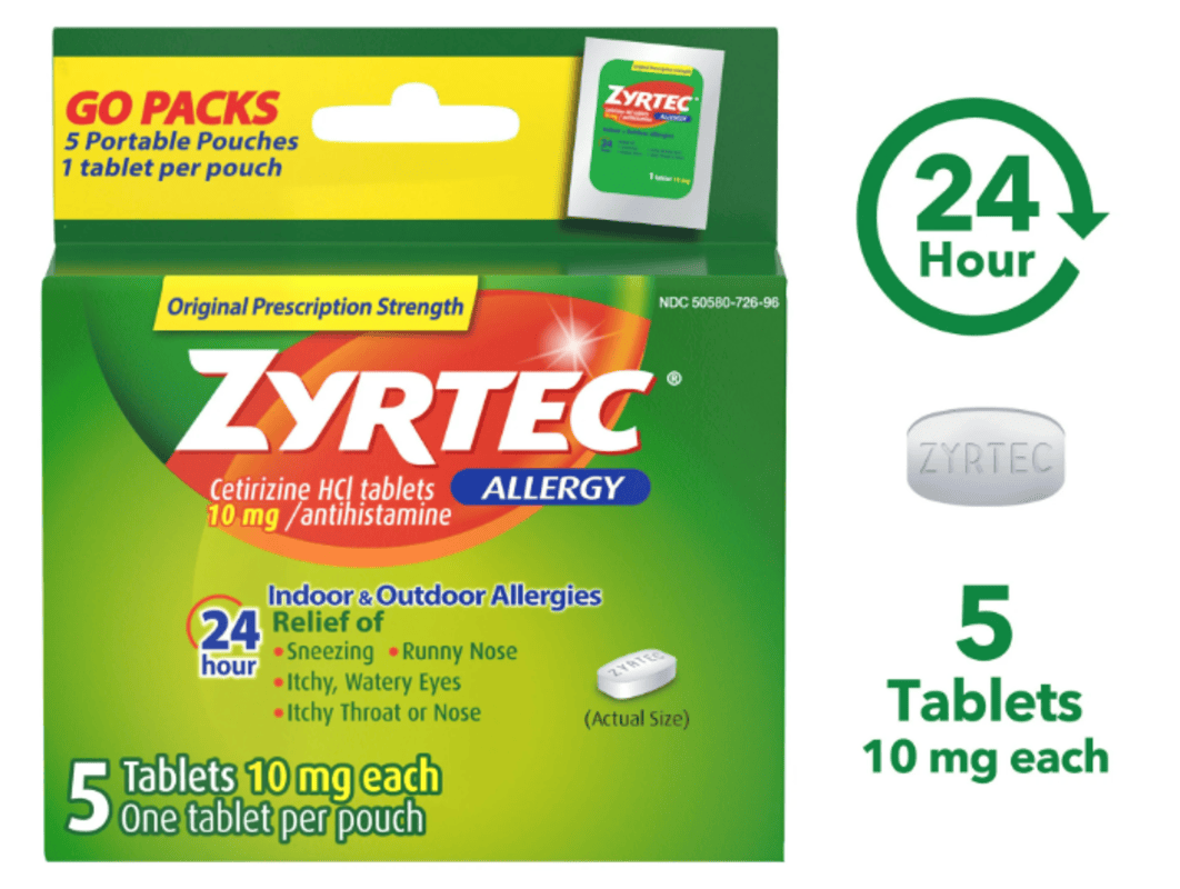 Zyrtec 24 Hour Allergy Tablets with Cetirizine HCI, Travel Size, 5 Ct