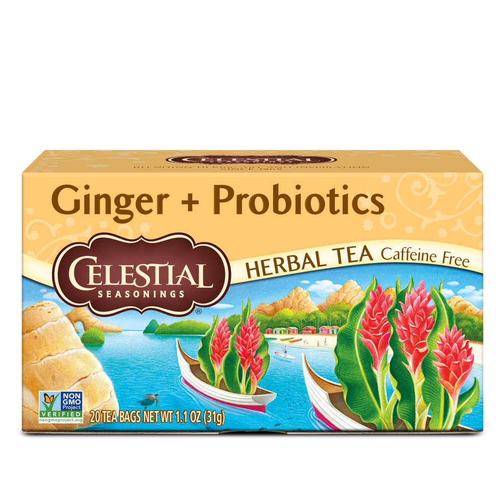 Celestial Seasonings, Herbal Tea, Ginger + Probiotics, Caffeine Free, 16 Tea Bags, 0.85 Oz (24 G)