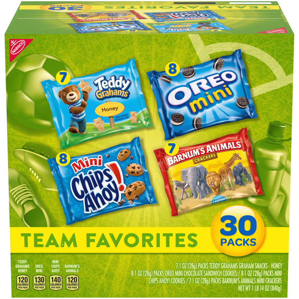 Nabisco Variety Pack OREO CHIPS AHOY! Teddy Grahams Honey & Barnum S Animal Crackers, 30 Snack Packs