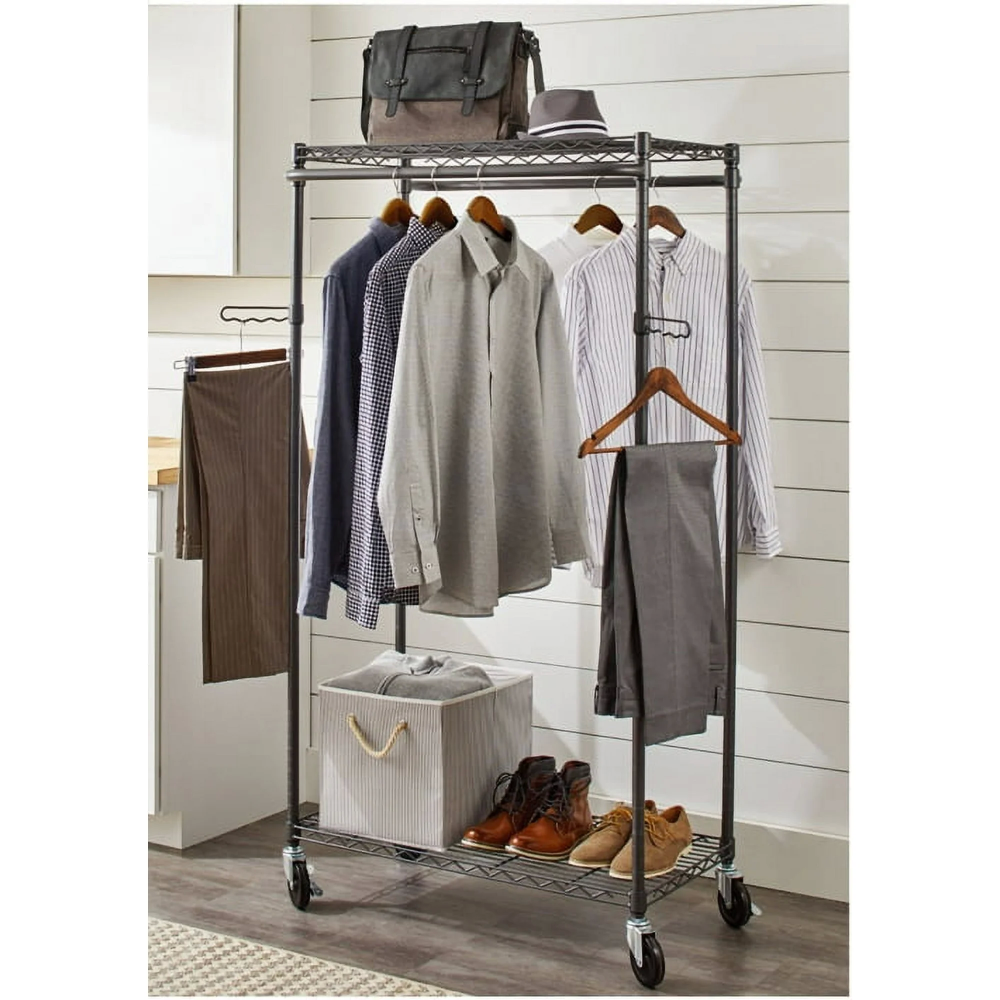 Better Homes & Gardens Double Hanging Garment Rack 38.2W x 23.6D x 66.1H in Gunmetal Finish Gray