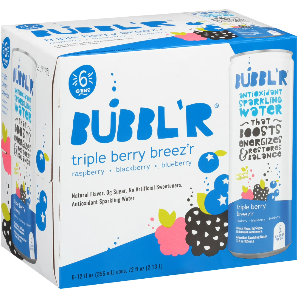 Bubbl'r Antioxidant Sparkling Water Triple Berry Breez'r, 6 cans
