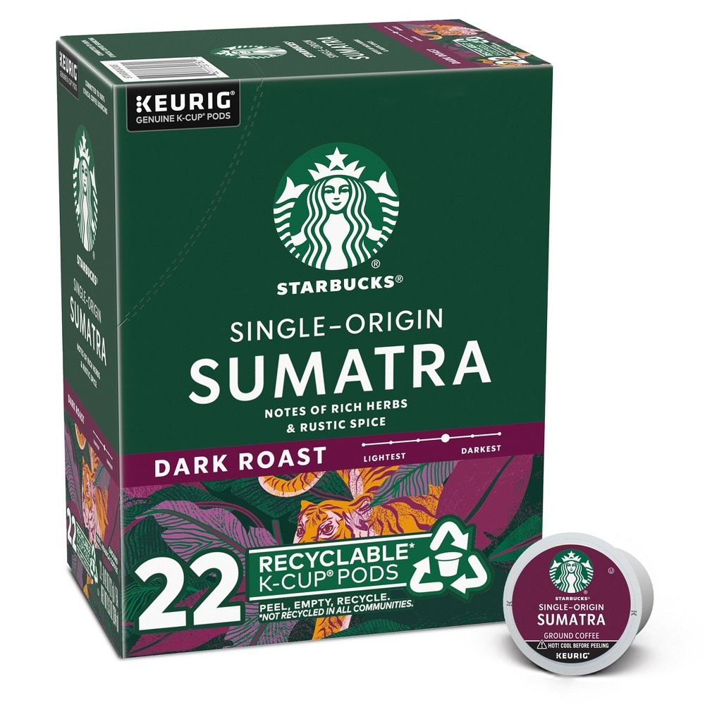 Starbucks Sumatra Single Origin Dark Roast Keurig K-Cup Coffee Pods, 22ct
