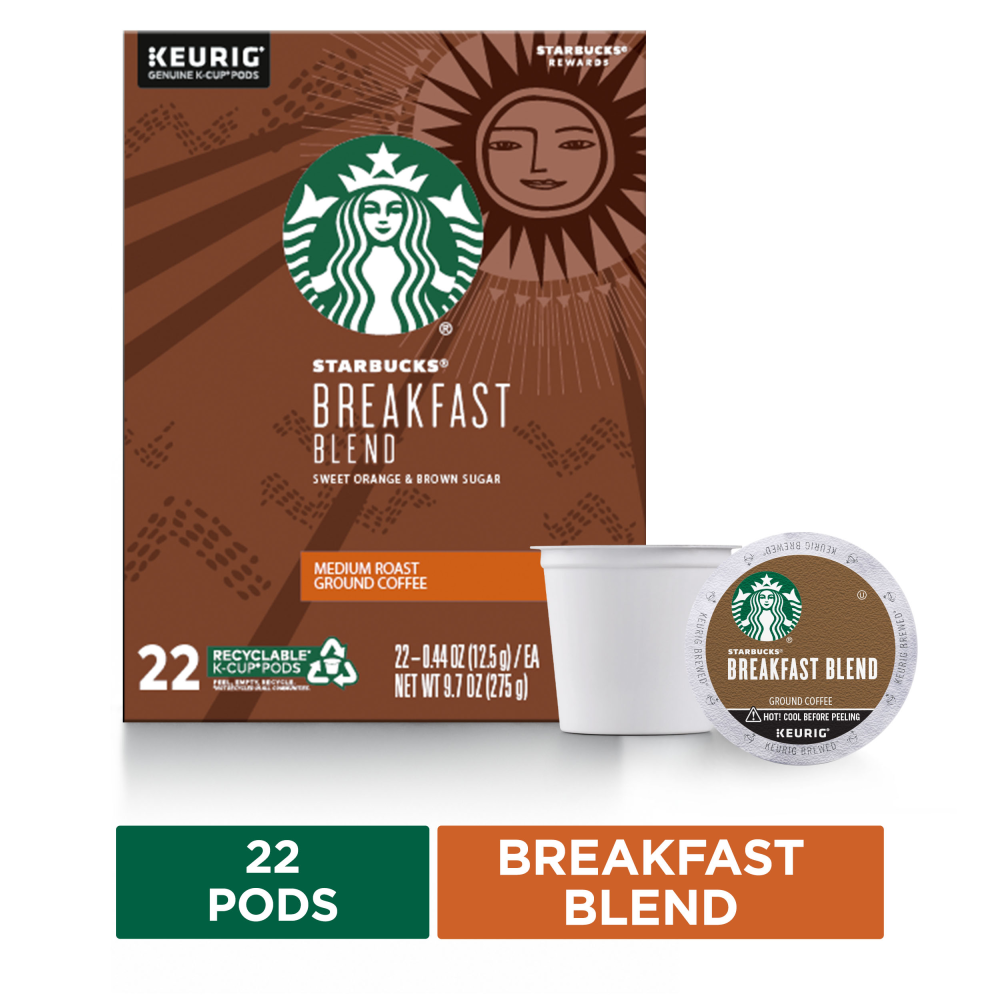 Starbucks Breakfast Blend Medium Roast Coffee  Keurig K-Cup Single Serve Coffee Pods, 22 count