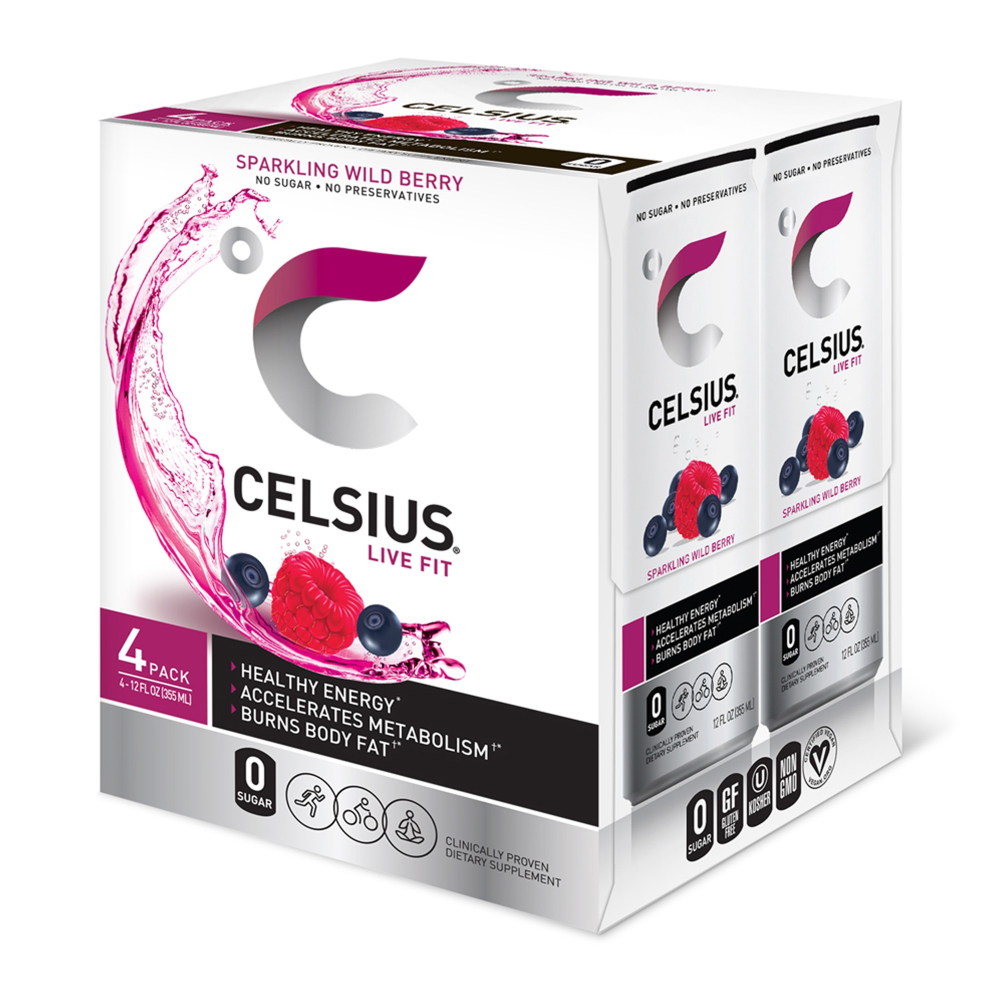 Celsius Sparkling Live Fit Wild Berry Energy Drink 12 Fl Oz, 4-Pack 