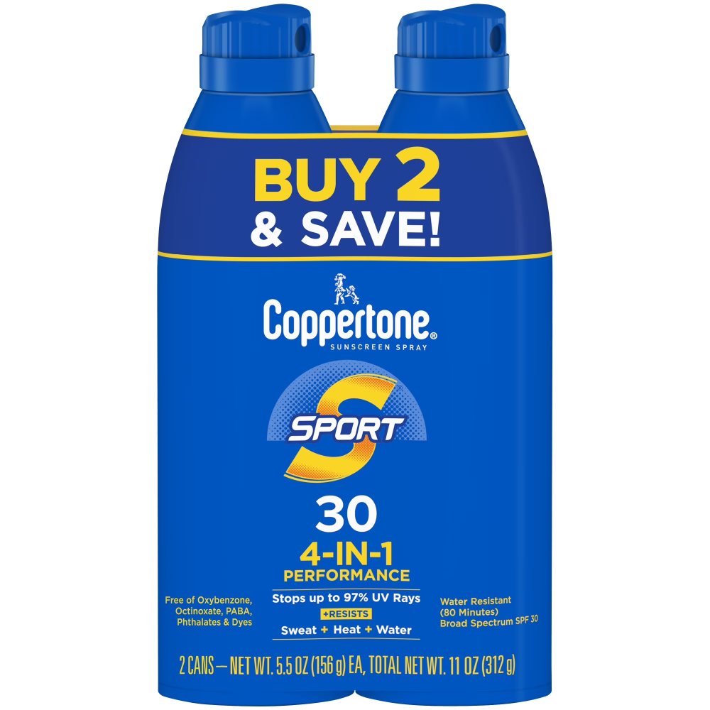 Coppertone SPORT Continuous Sunscreen Spray Broad Spectrum SPF 30, Twin Pack, 5.5 OZ