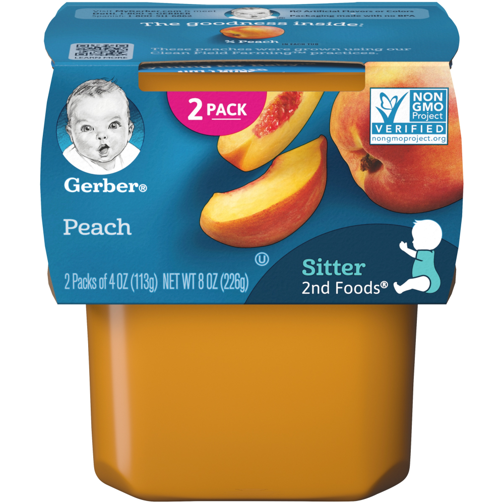 Gerber Stage 2 Baby Food, Peach Puree Tubs, 8oz 2 Pack