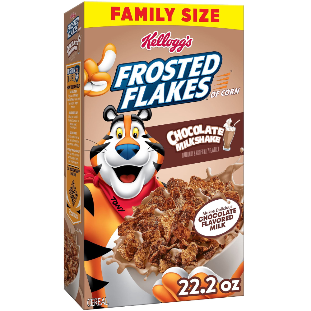Kellogg's Frosted Flakes Chocolate Milkshake Breakfast Cereal Family Size Box, 22.2 oz