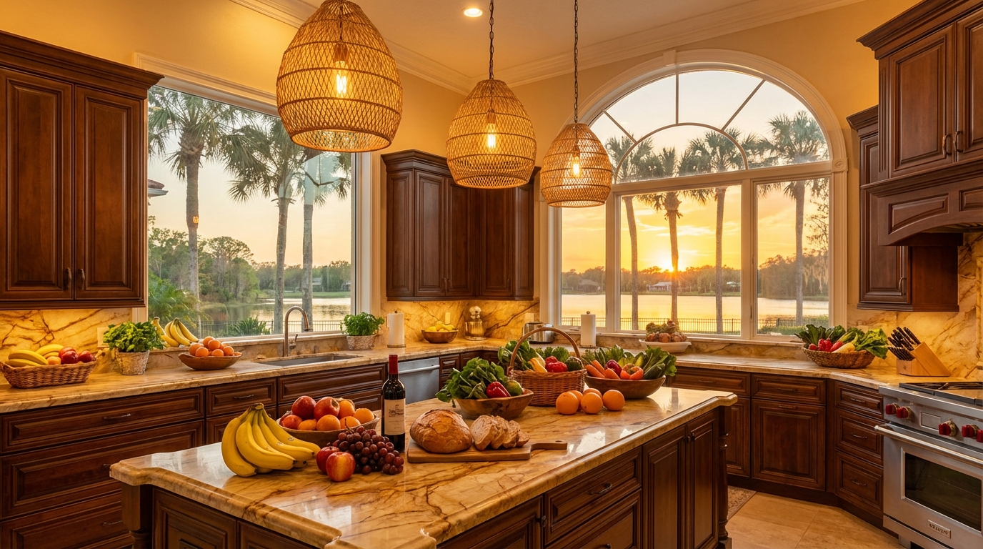 Fresh groceries in a beautiful vacation kitchen with Disney castle view